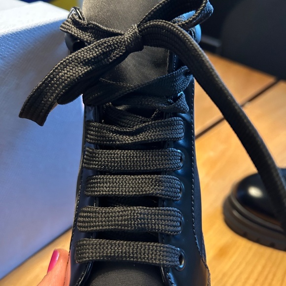 Prada Black Leather and Nylon Lace-up and Zip- up Winter Snow and Dress Boots - Picture 9 of 14